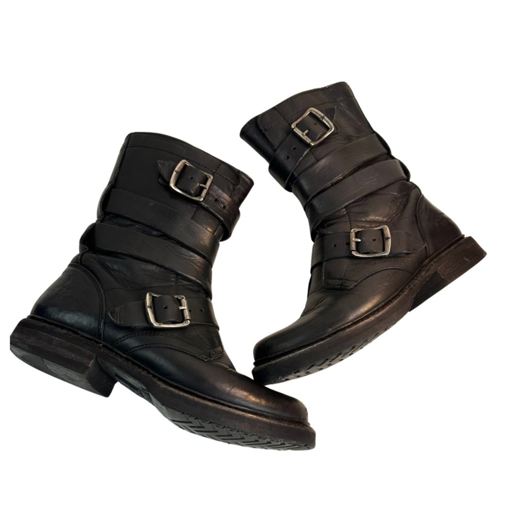 Frye Women’s VERONICA TANKER Moto Leather Biker Belted Boots in Black Size: 5.5